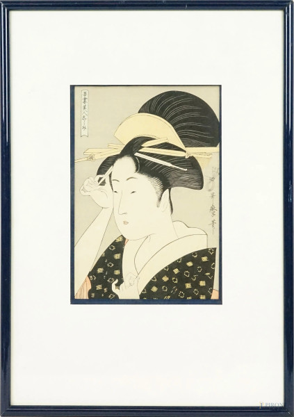 Kitagawa  Utamaro - Cortigiana, stampa a colori, cm 28,5x19 circa, Giappone, entro cornice.