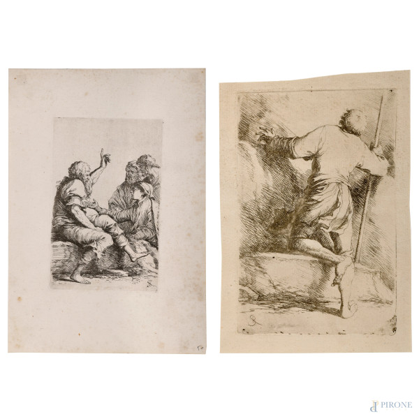 Salvator Rosa (1615 – 1673) Coppia di acqueforti dalla serie "Diverse figure" (1676/77), misure massime cm foglio cm 24x17, (tracce di umidità)
