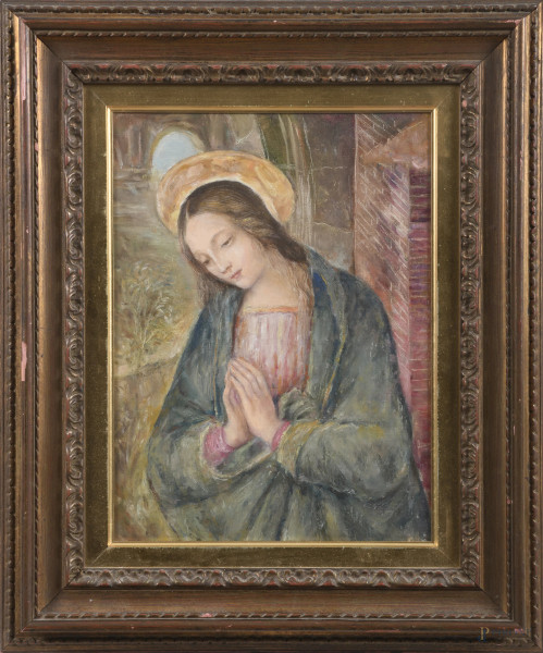 Vergine orante, XX secolo, olio su cartone telato, cm 45,5x35,5, entro cornice