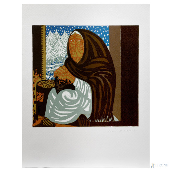 Riproduzione fotolitografica dell'opera di Giuseppe Migneco "L'inverno", eseguita per la serie Alfabeto di Bolaffi Arte, cm 30x23,5
