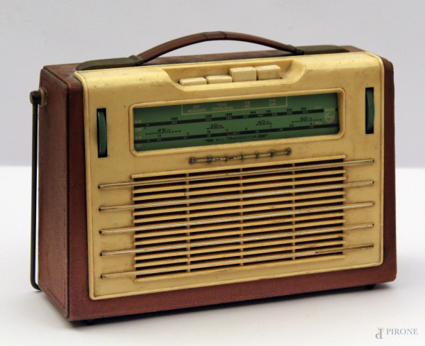Vecchia radio da viaggio in pelle e bachelite, anni 50, h. 21 cm