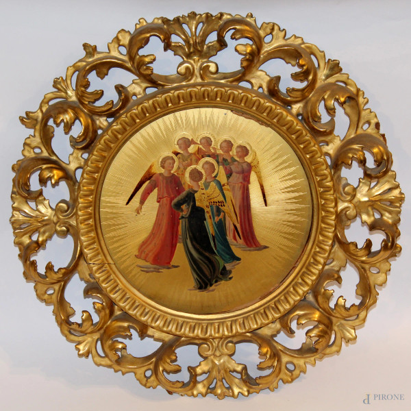 Arcangeli, olio su tavola di linea tonda diam cm 27, entro cornice in legno intagliato e dorato.