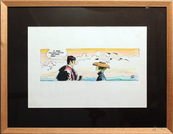 Corto Maltese, tecnica mista su carta, cm 20x30, firmato, entro cornice.