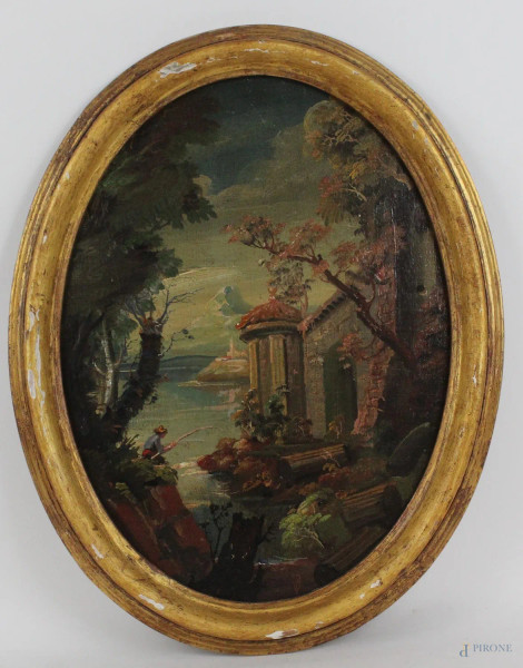 Paesaggio con architetture e figura, olio su tela applicata su faesite ad assetto ovale, cm 40x 29, XX secolo, entro cornice
