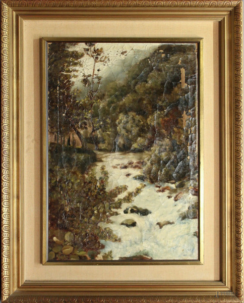 Paesaggio con cascata, dipinto ad olio su tela, inizi XX sec., cm 75 x 50, entro cornice.