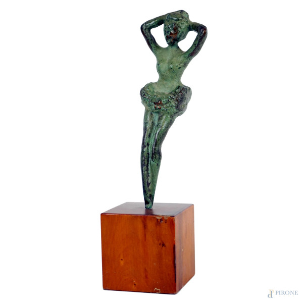 Ballerina, scultura in bronzo, cm 22,5, base in legno, XX secolo, (segni del tempo).