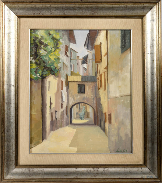 Sandro Lupi, Scorcio di paese, olio su tela, cm 60x50, firmato in basso a destra, entro cornice