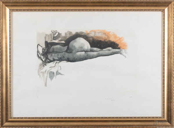 Renato Guttuso (1911-1987), Nudo di donna, litografia su carta es. XX/XXV, cm 70x100,  firmato in basso a destra, entro cornice, (segni di piegatura, tracce di umidità, ondulazioni della carta)