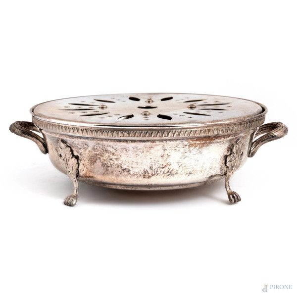 Set da fonduta in metallo argentato, XX secolo, cm 7,5x23, (segni di usura)