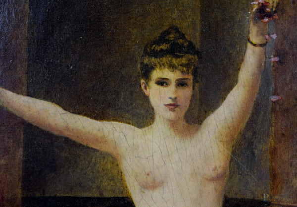 M. Arosa (d'apres) Nudo di donna, XX secolo, stampa ritoccata applicata su tavola, cm 30x20 entro...