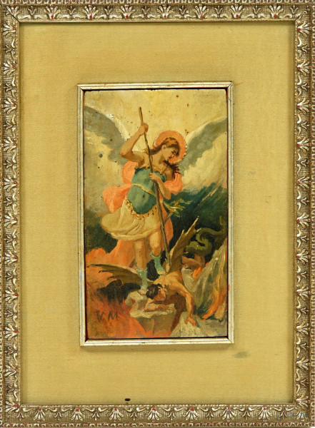 L'arcangelo Michele schiaccia il demonio, olio su tavoletta, siglato in basso a sinistra V.M., cm 13,9x8, entro cornice