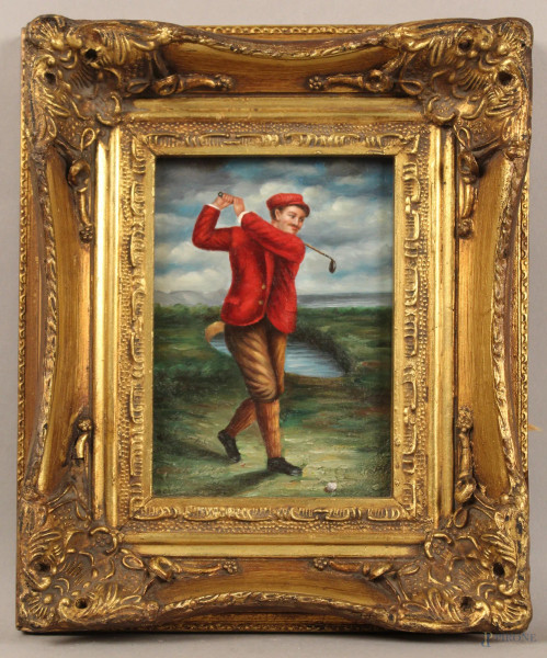 Giocatore di golf, olio su tavola, 16x11 cm, entro cornice.