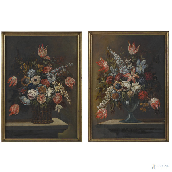 Coppia di nature morte, XVIII-XIX secolo, olio su tela, cm 69x47, entro cornice, (abrasioni)