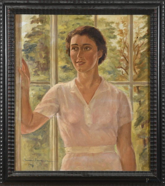 Ritratto di signora alla finestra, XX secolo, olio su tela, cm 80x70, firmato e datato 