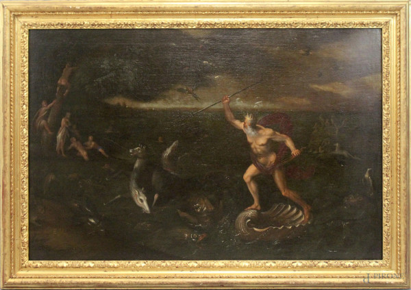 Attr. a Joseph Heintz il Giovane (Augusta, 1600 circa – Venezia, 1678), Nettuno placa la tempesta (Allegoria dell’Acqua), olio su tela, cm 70x110, entro cornice.