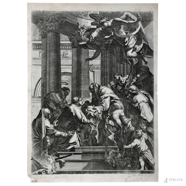 Presentazione al tempio, XVIII secolo, incisione su carta, cm 49x36, (segni di usura, tracce di umidità, gore, foxing, lacerazioni della carta, tracce di piegatura, rotture, restauri)