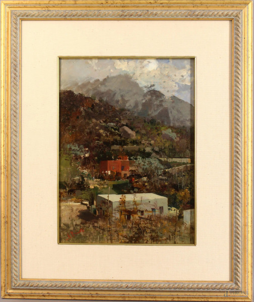 Ezelino Briante - Scorcio di Capri, olio su cartone, cm. 35x25, entro cornice.