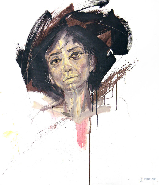 Ritratto femminile, pigmenti a olio su tela di juta, cm 80x70, firmato titolato e datato al retro