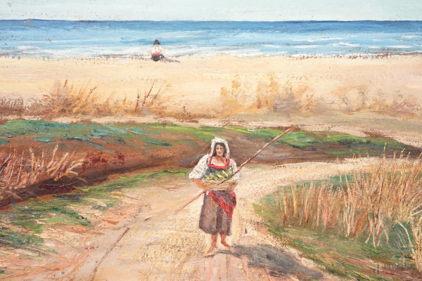 Spiaggia con barche a secco e figure, olio su cartone, firmato, cm 34,5x75, entro cornice