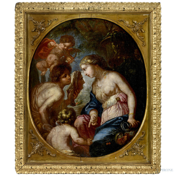 Scena allegorica con figure e amorini, olio su tela ovale, XVIII secolo, cm 43x36,5, (difetti)