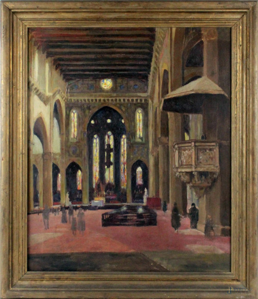 Interno di chiesa, olio su tela, cm. 50x60, inizi XX secolo, entro cornice.