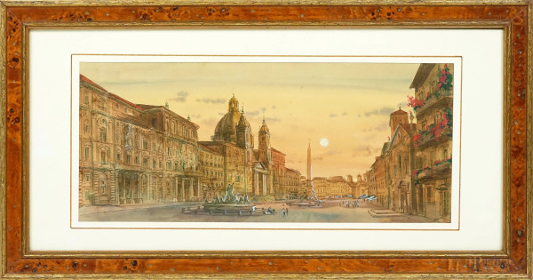 Piazza Navona, acquerello su carta, cm 17x39 circa, XX secolo, entro cornice
