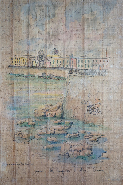 Scorcio del lungomare di Ortigia, tecnica mista su carta papiro, cm 30x20,5, firmato, entro cornice