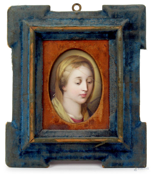 Vergine Maria, placca in porcellana policroma, cm 14,5x10,5, entro cornice, (difetti e restauri)