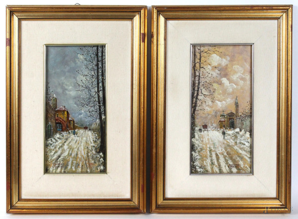 Coppia di paesaggi invernali, olio su tavola, cm. 30x15, firmato Vincenzo Canino, entro cornice.
