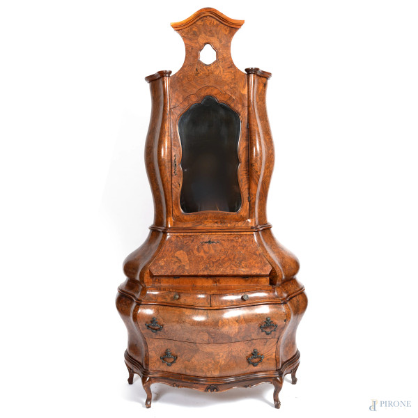 Trumeau in legno impiallacciato, XX secolo, cm 240x128x56, (segni di usura, difetti, rotture, difetti)