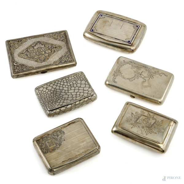 Lotto di sei tabacchiere in argento, misure massime cm 11x8, peso complessivo gr 670