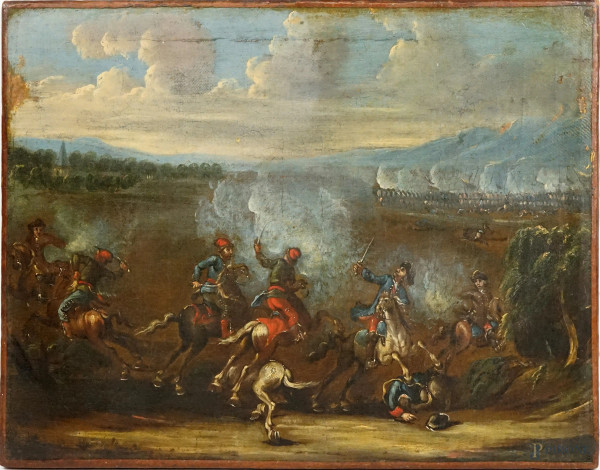 Pittore del XIX secolo, Scena di battaglia napoleonica, olio su tela, cm 31,5x39,8, (difetti).