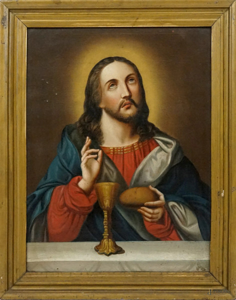 Cristo con il calice ed il pane, olio su tela, cm 63x47, prima metà del XX secolo, entro cornice