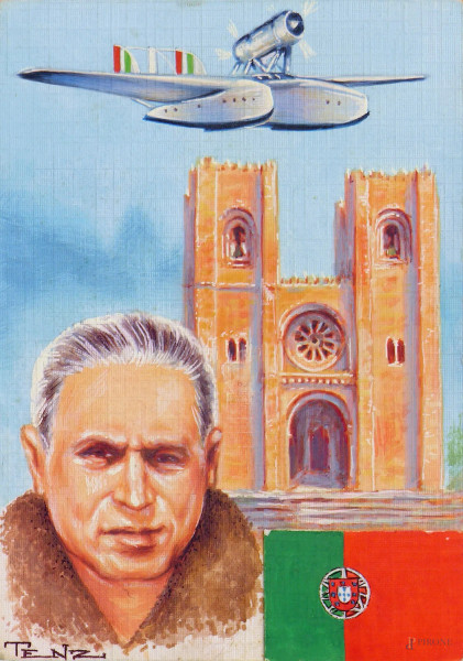 Aeropittore italiano del Novecento, Commemorazione volo transoceanico idrovolante Savoia Marchetti Italia-Lisbona, tempera su carta firmato, cm 9 x 13, entro cornice.