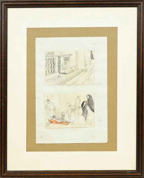 Attr.a Scipione Vannutelli (1824-1894), Due bozzetti raffiguranti figure ed interno di chiesa realizzati a tecnica mista su carta quadrettata, cm 10x14,5, ingombro del supporto cm 31,5x21, entro cornice, (difetti)