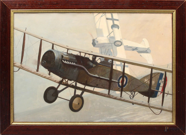 Duello aereo della Prima Guerra Mondiale, olio su tela, cm 50 x 70, entro cornice.