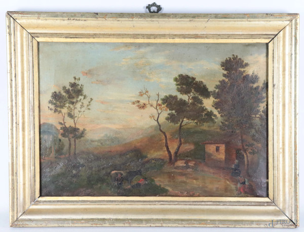 Paesaggio con contadini, XIX secolo, olio su tela, cm 39x57,5, entro cornice, (segni di usura, abrasioni, cadute di colore)