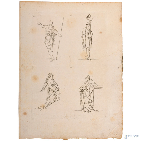 Sebastien Leclerc (1637 – 1714), Coppia di acqueforti raffiguranti antichi romani, foglio cm 27x2...