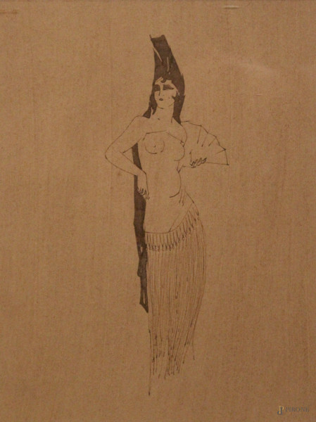 Figura femminile con ventaglio, china su carta, 19x26 cm, periodo Liberty, entro cornice 