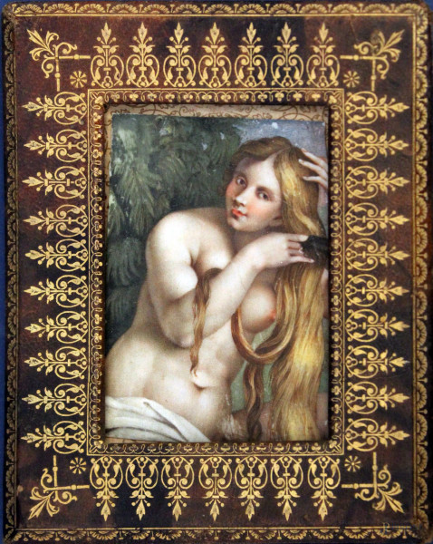 Venere, miniatura dipinta su avoriolina 8,5x6 cm, entro cornice in pelle, XIX sec.