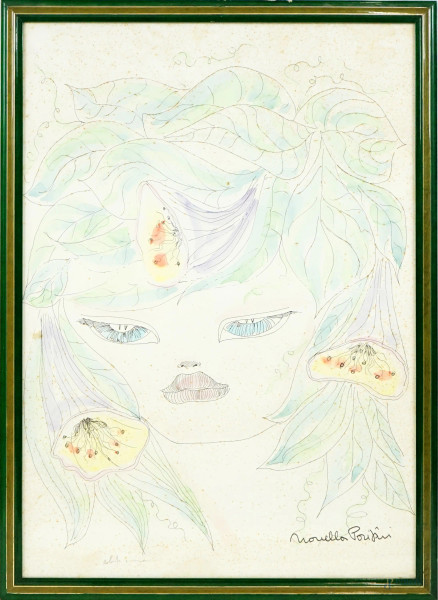 Novella Parigini - Ritratto di donna, stampa acquerellata a mano, cm 70x50, entro cornice.