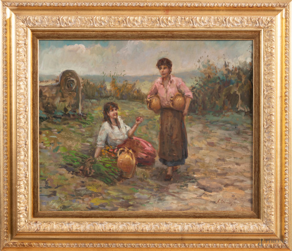 Acquaiole, XX secolo, olio su cartone, cm 40x50, firmato in basso a destra, entro cornice, (supporto imbarcato)