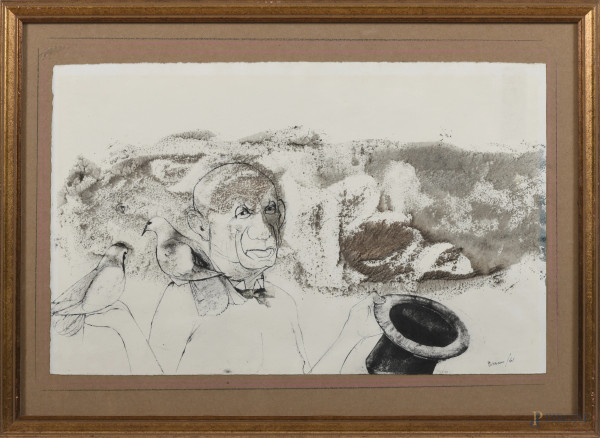 Giacomo Porzano (1925-2006), Ritratto di Picasso, disegno a tecnica mista su carta applicato su cartoncino, cm 31,5x50, firmato e datato 