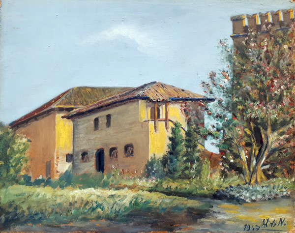 Pittore post macchiaiolo, Paesaggio rurale con casali e castello, 1947, olio su faesite, cm 33x42, siglato e datato