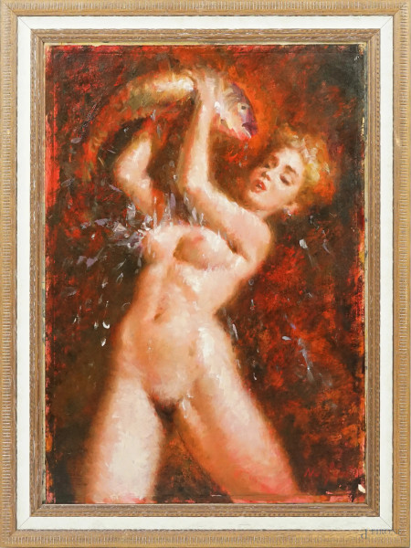 Nudo di donna con pesce, olio su tela, cm 48,5x34,5, firmato, in cornice