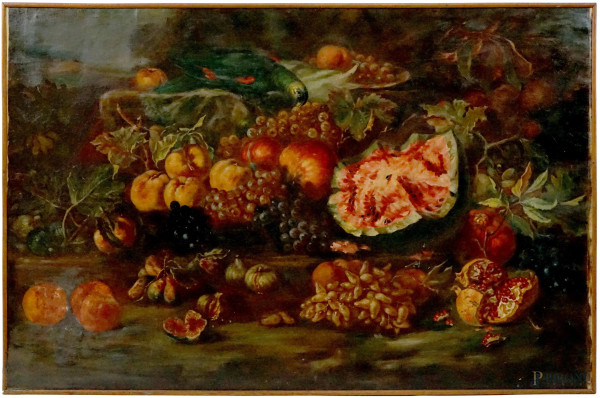 Giovanni Paolo Castelli detto lo Spadino (1659-1730) maniera di, Natura morta con frutta, olio su tela, cm 79x121,  XX secolo, entro cornice.