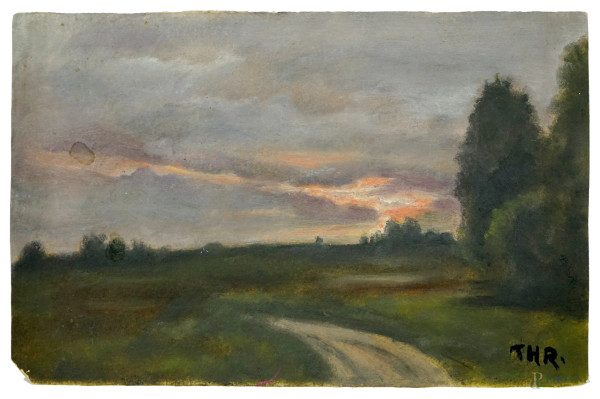 Paesaggio al tramonto, acquarello su carta, cm 14x21,5, siglato, (lievi difetti).