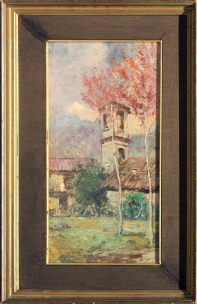 Scorcio di paese, dipinto ad olio su tela riportata su cartone cm 50 x 25, firmato Alberto Carosi, entro cornice.