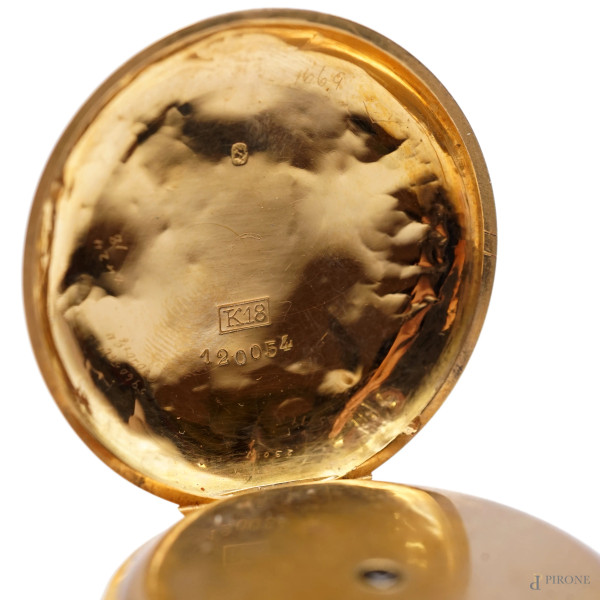 Orologio da tasca con catena, in oro 18 KT, quadrante circolare diametro cm 4, peso dell'orologio...