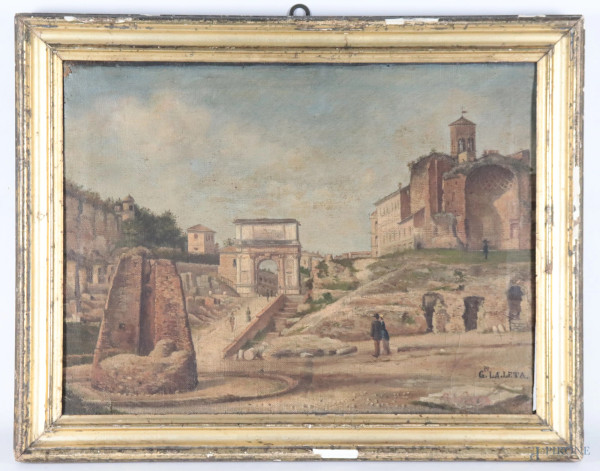 Veduta del Foro Romano con l'Arco di Tito e la Meta Sudans, XIX-XX secolo, olio su tela, cm 39,5x52, entro cornice, (segni di usura, difetti)